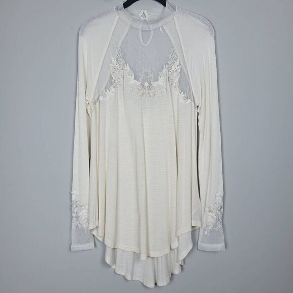 Free People Womens Saheli Tunic Top Cream Small Embroidered Mesh Boho Prairie - Picture 2 of 12
